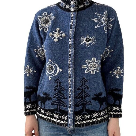 Vintage Coldwater Creek Wool Snowflake Christmas Theme Cardigan Jacket Sz S - Picture 3 of 7